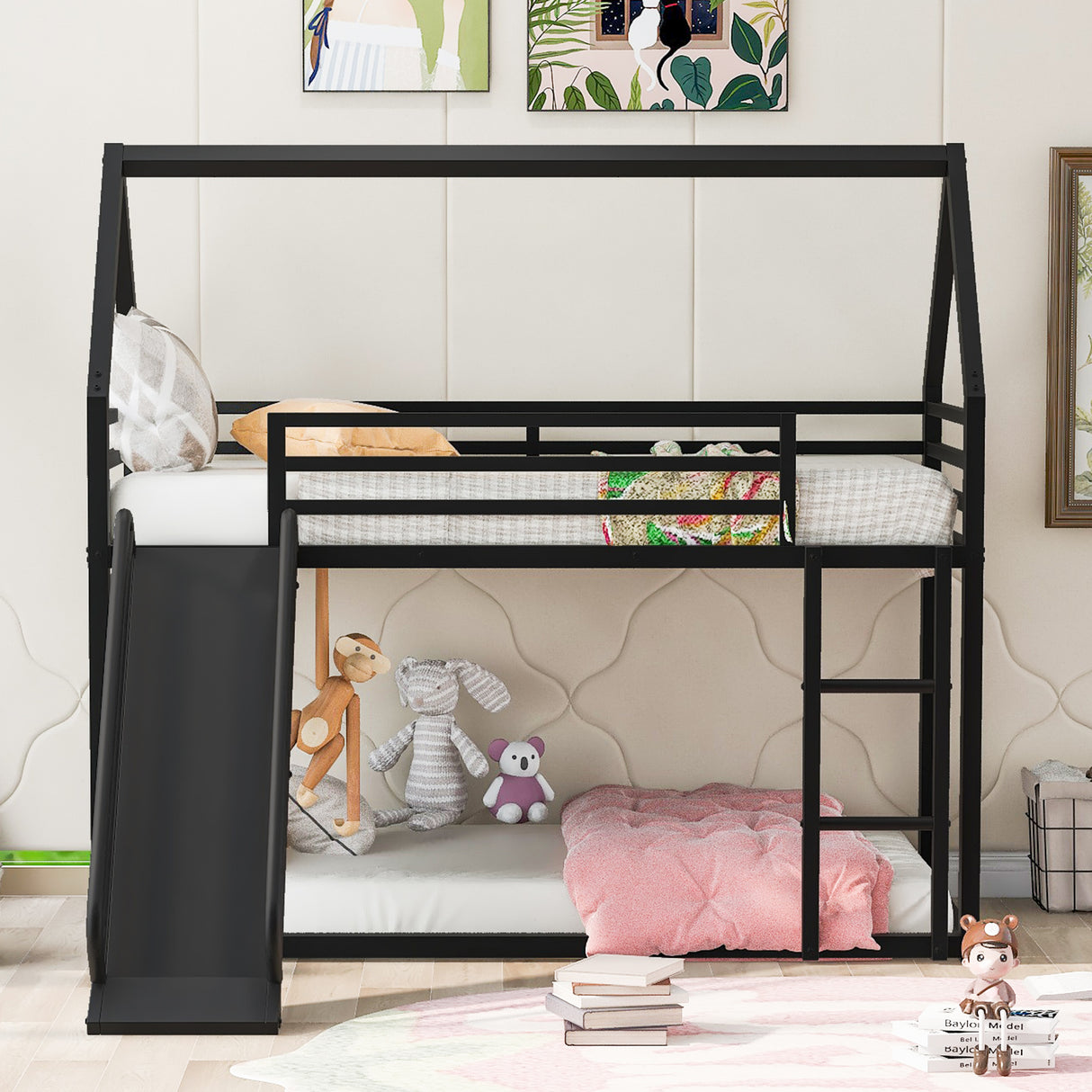 Twin over Twin House Bunk Bed with Ladder and Slide,Black - V.I.P Digital Presence