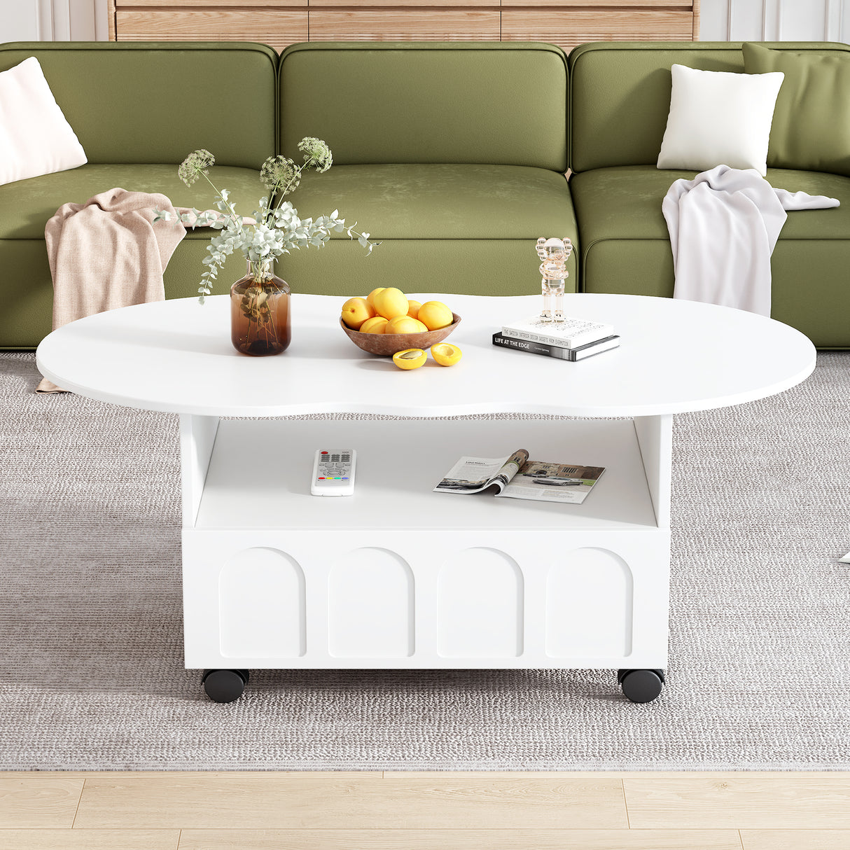 ON-TRANS flexible cream style coffee table with 2 brake wheels, drawers, large storage space, white, 39.37 '' x 23.6 '' - V.I.P Digital Presence