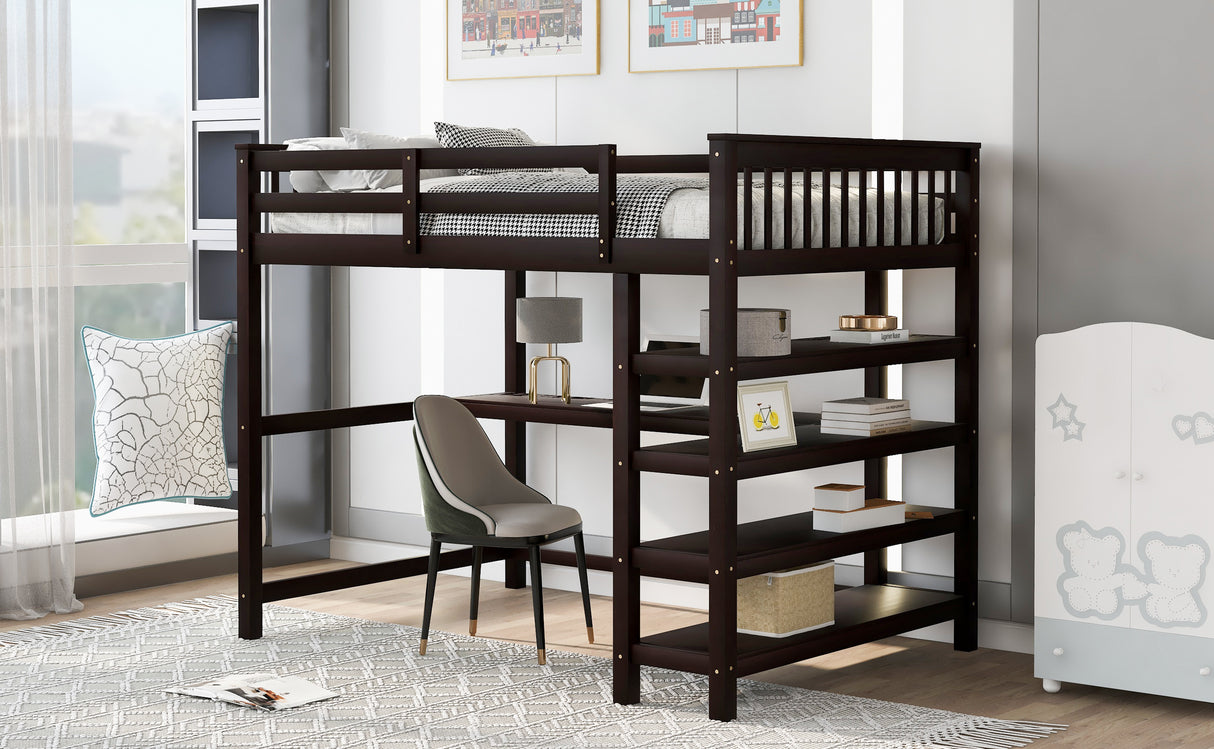 Full Size Loft Bed with Storage Shelves and Under-bed Desk Espresso