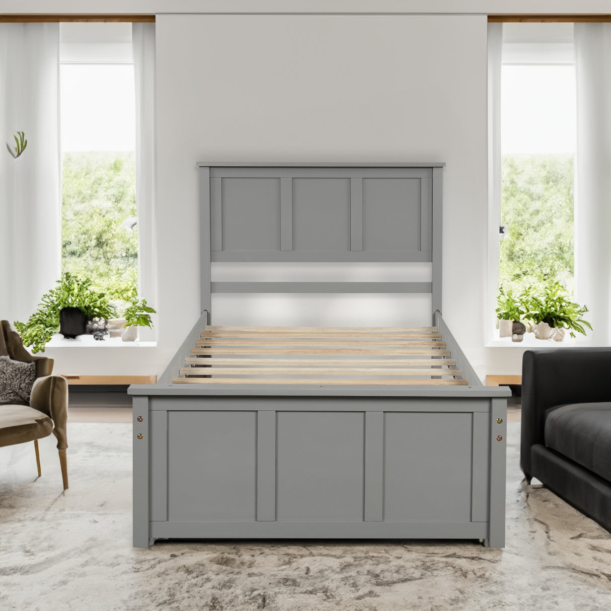 Platform Storage Bed 2 drawers with wheels, Twin Size Frame Gray