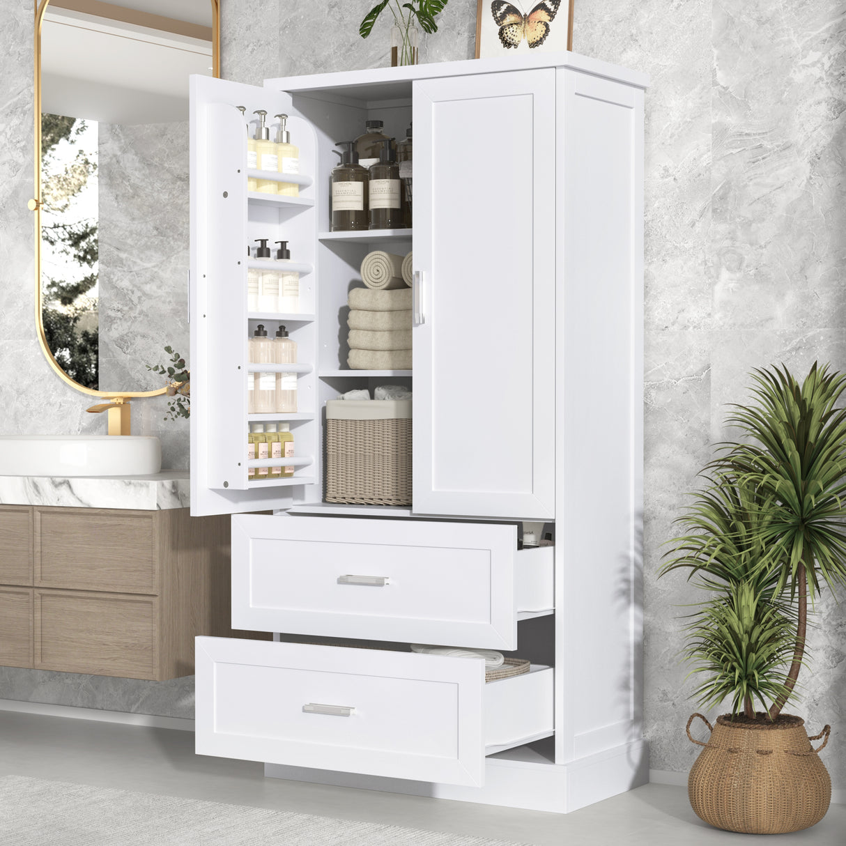 Tall Bathroom Storage Cabinet, Cabinet with Two Doors and Drawers, Adjustable Shelf, MDF Board, White - V.I.P Digital Presence