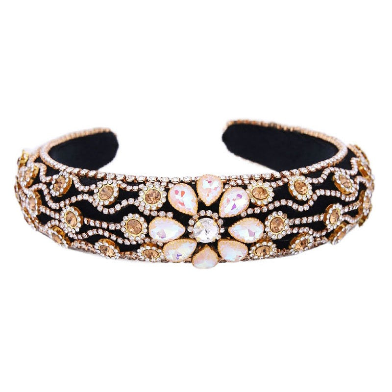 Claw inlaid colored glass diamond flower full diamond wide edge sponge head hoop - V.I.P Digital Presence