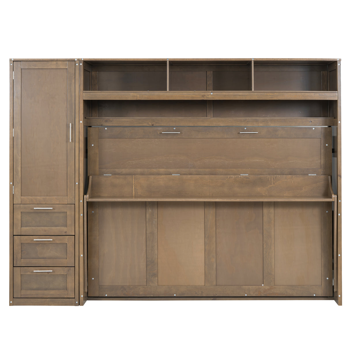 Full Size Murphy Bed with Wardrobe, Drawers and Open Shelves, Antique Grey - V.I.P Digital Presence