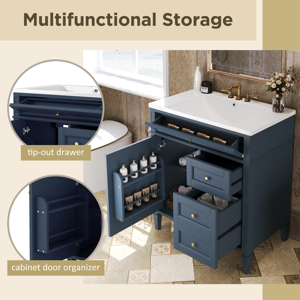 30 inch bathroom vanity with top sink, storage cabinet with 2 drawers and 1 drawer, single sink bathroom vanity - V.I.P Digital Presence