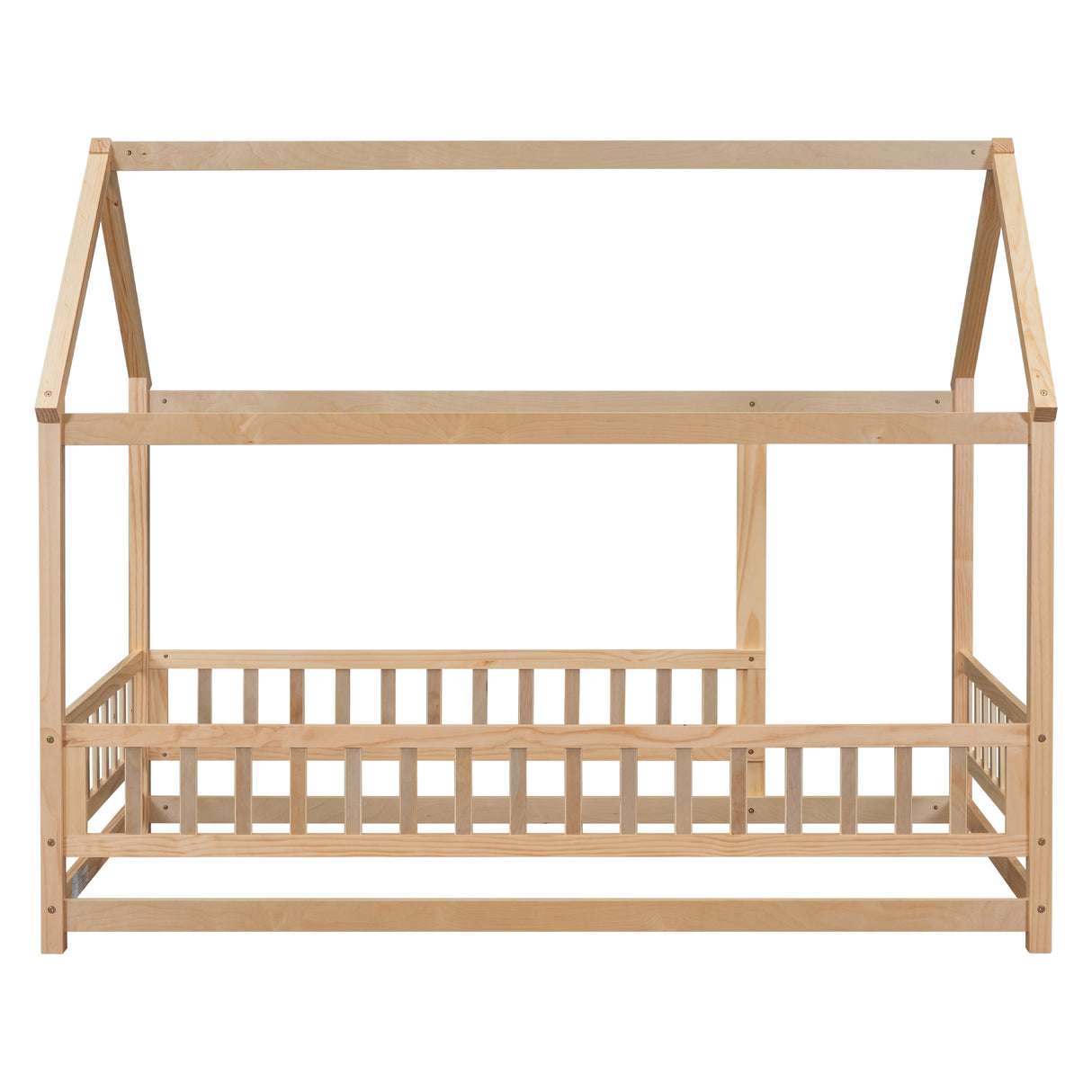 Twin Size Floor Wooden Bed with House Roof Frame, Fence Guardrails - V.I.P Digital Presence