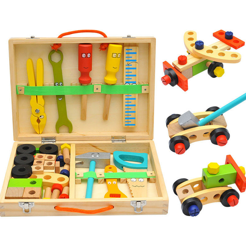 Casa de simulación para niños, caja de herramientas de reparación de mano de madera de dibujos animados, ensamblaje, desmontaje, tuerca, combinación, rompecabezas, juguete