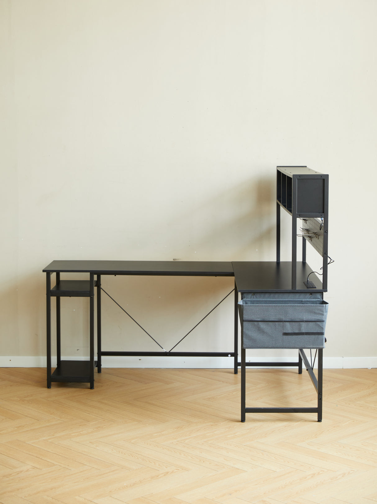 94.5 Inch Home Office Desk L shape gaming desk with LED storage Shelves METAL PANNEL and stool (BLACK) - V.I.P Digital Presence