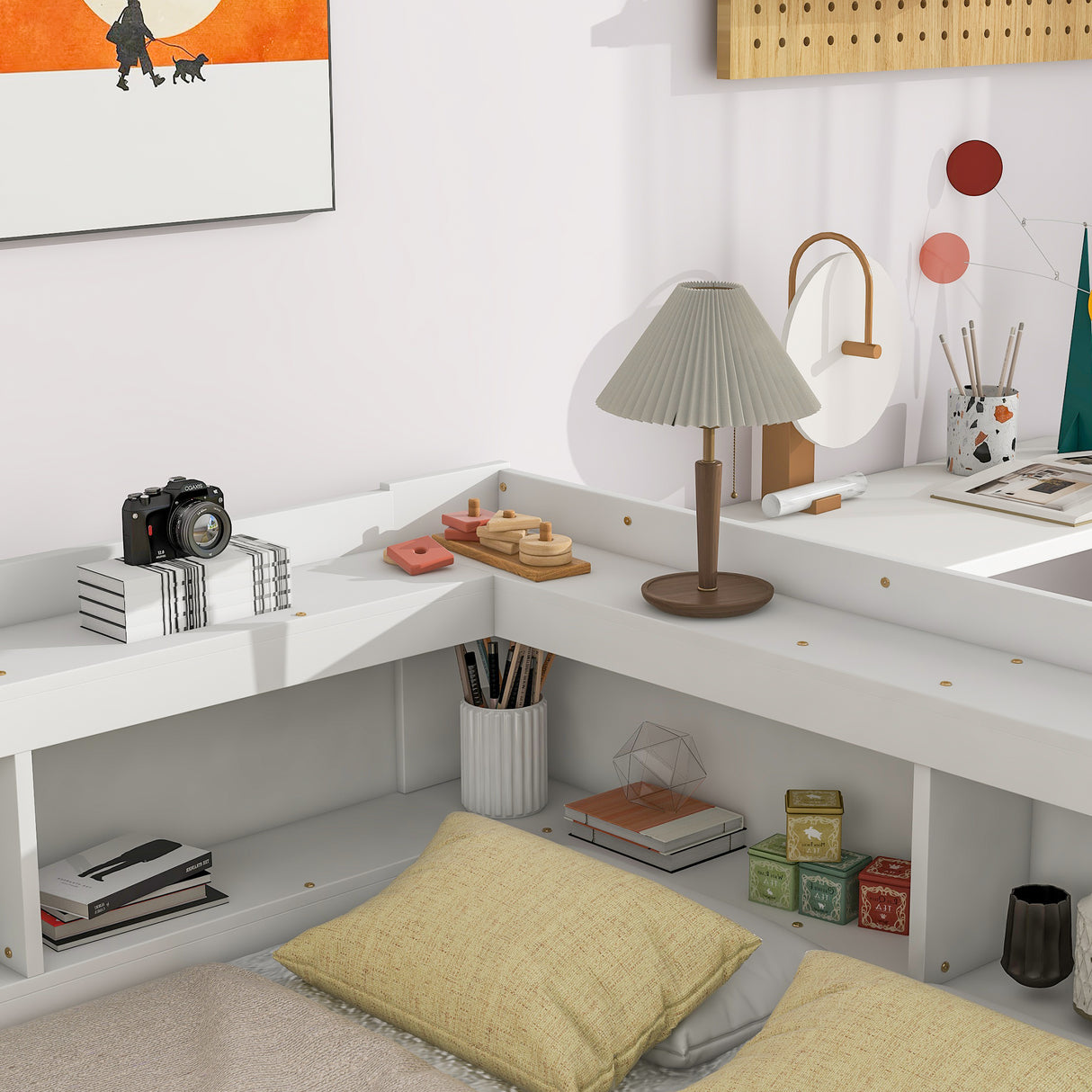 Full Bed with L-shaped Bookcases, Drawers ,White - V.I.P Digital Presence