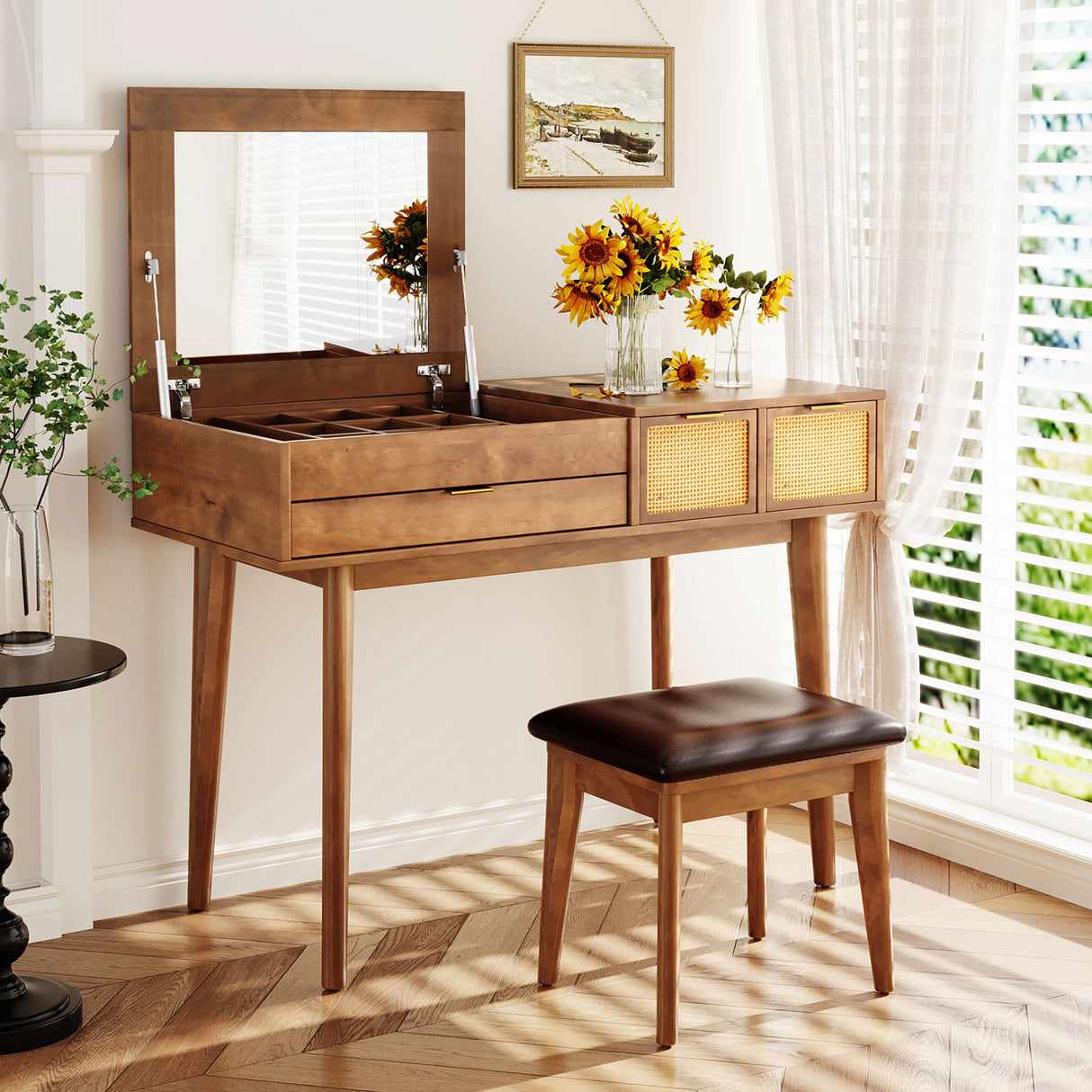 43.3 "Wooden vanity set with flip mirror and stool, three drawers and storage space for dressing table, brown