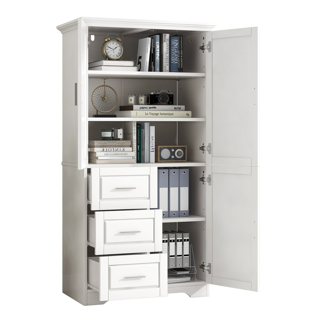 Tall and Wide Storage Cabinet with Doors for Bathroom/Office, Three Drawers, White - V.I.P Digital Presence