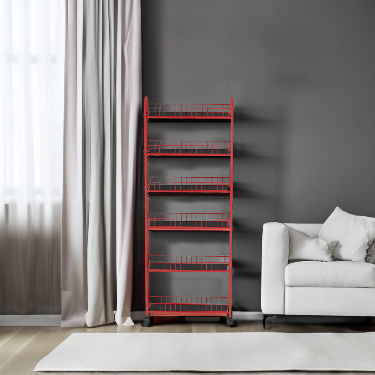 Red 6-story rolling cart gap kitchen ultra-thin sliding out storage tower shelf with wheels, 6 baskets - V.I.P Digital Presence