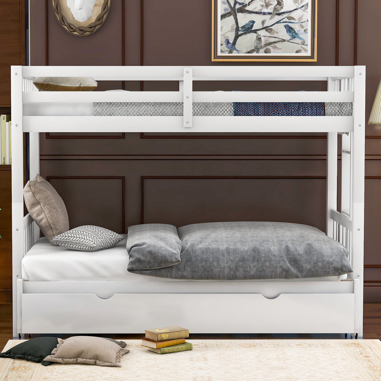 Twin over Pull-out Bunk Bed with Trundle White
