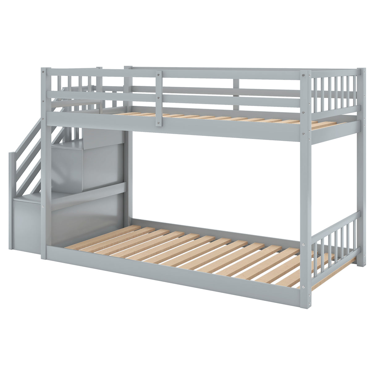 Twin over Twin Floor Bunk Bed, Ladder with Storage Gray