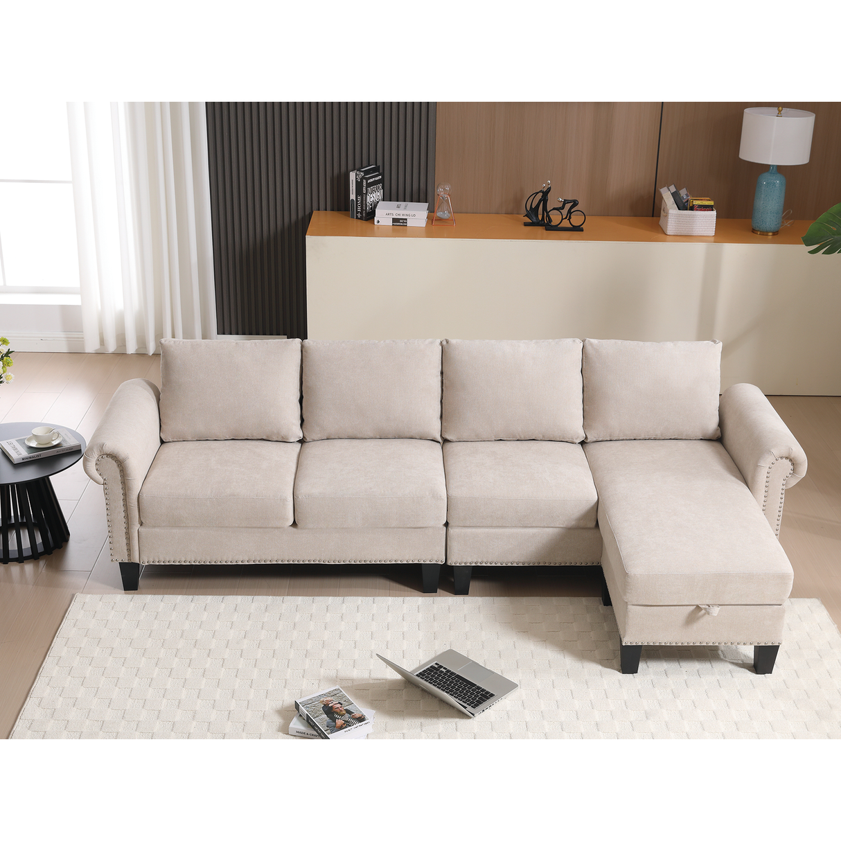 Convertible Sectional Sofa with Storage,L-shaped sofa,Four-seater sofa,Modern Linen Fabric Sectional Couches Beige - V.I.P Digital Presence