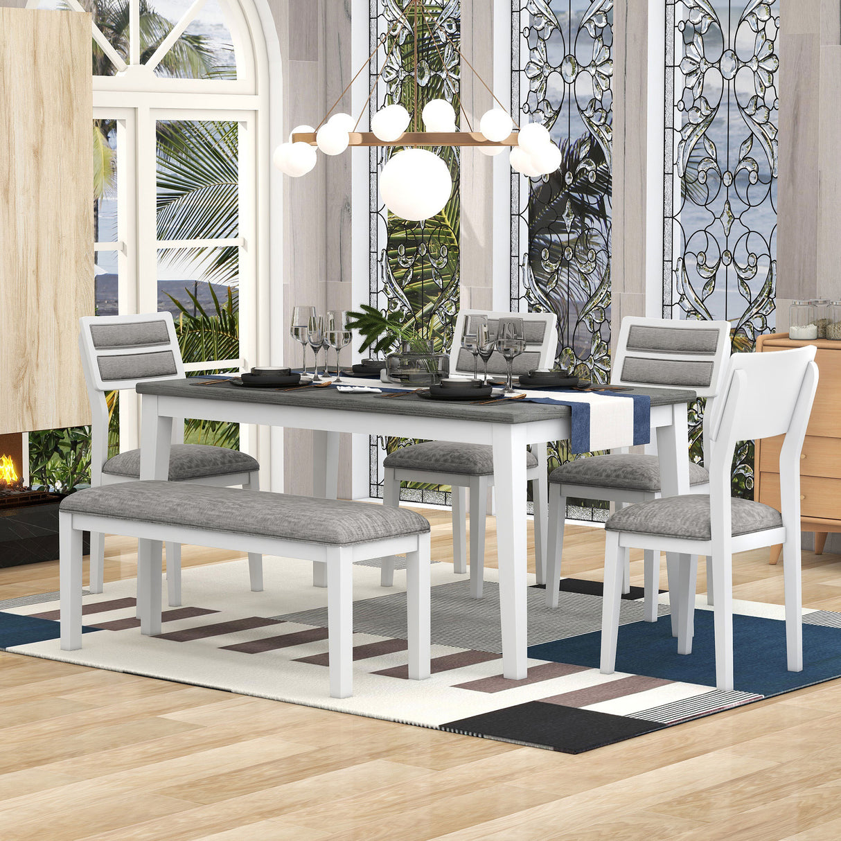 TREXM Classic and Traditional Style 6 - Piece Dining Set, Includes Dining Table 4 Upholstered Chairs & Bench (White+Gray)