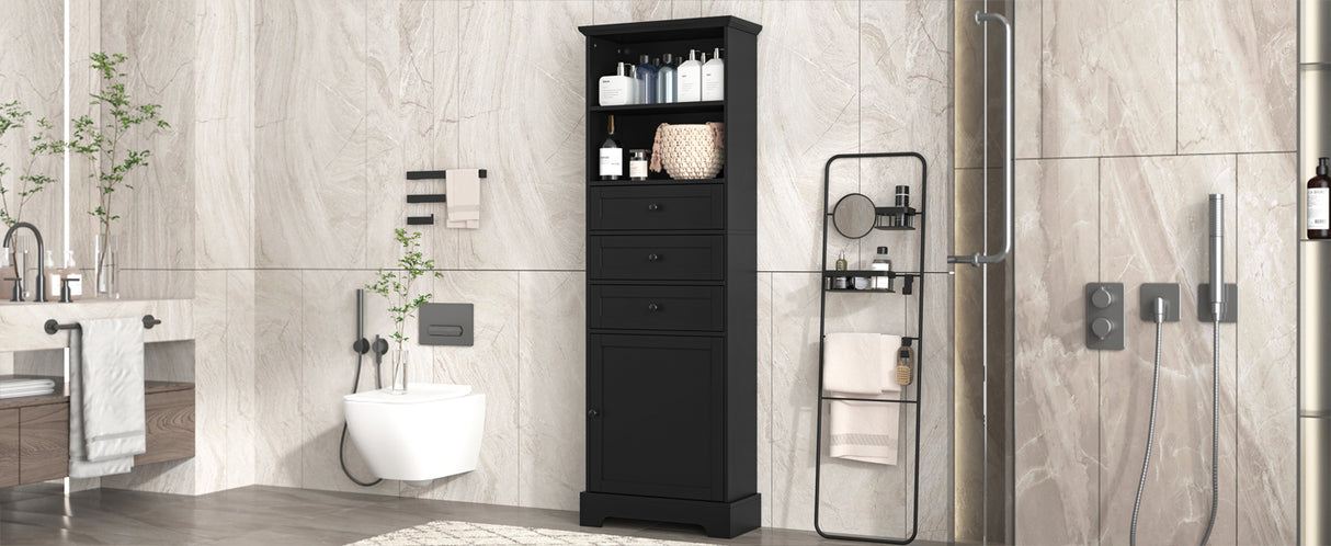 Black high storage cabinet with 3 drawers and adjustable shelves, MDF board painted - V.I.P Digital Presence