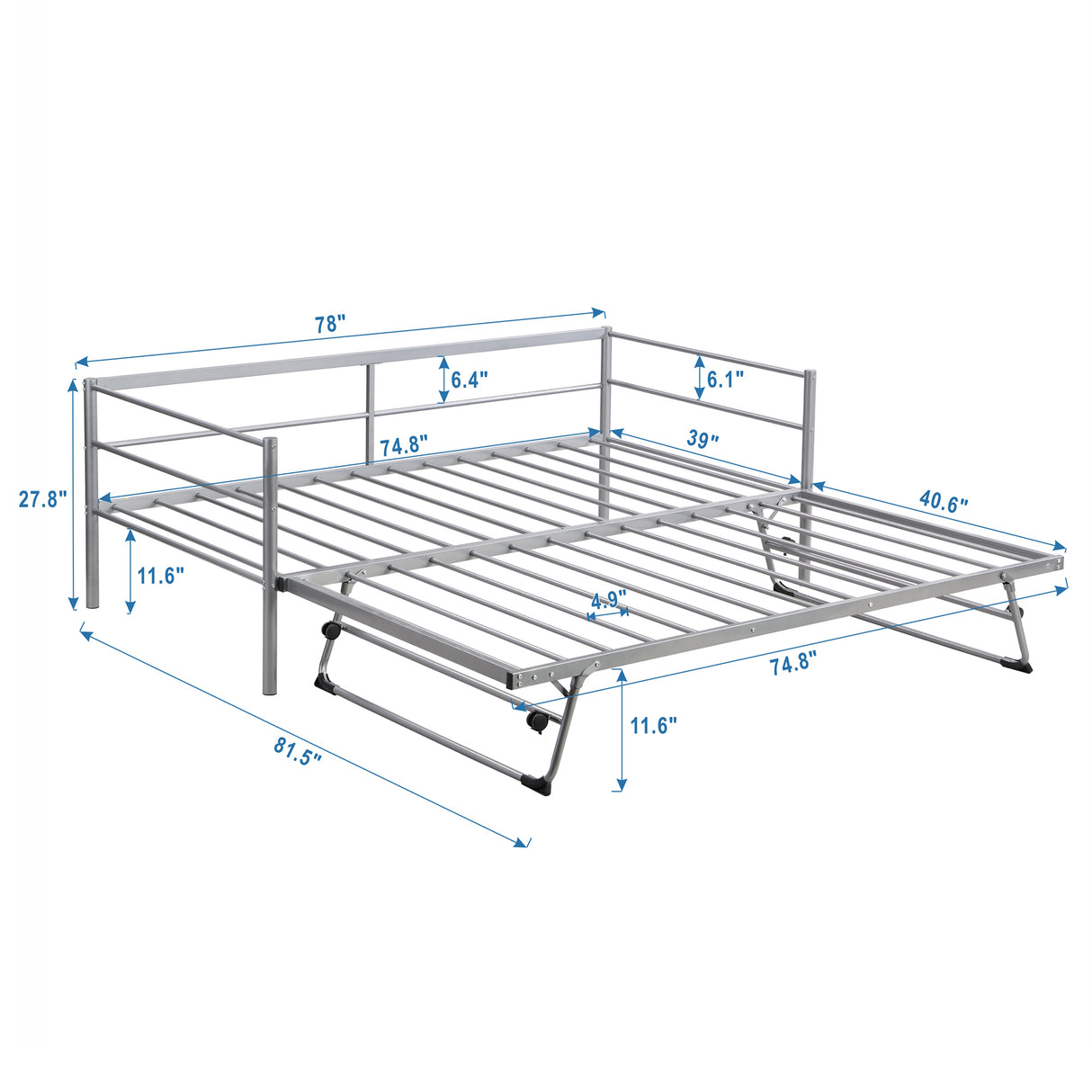 Twin Size Metal Daybed with Adjustable Trundle Pop Up Trundle Silver