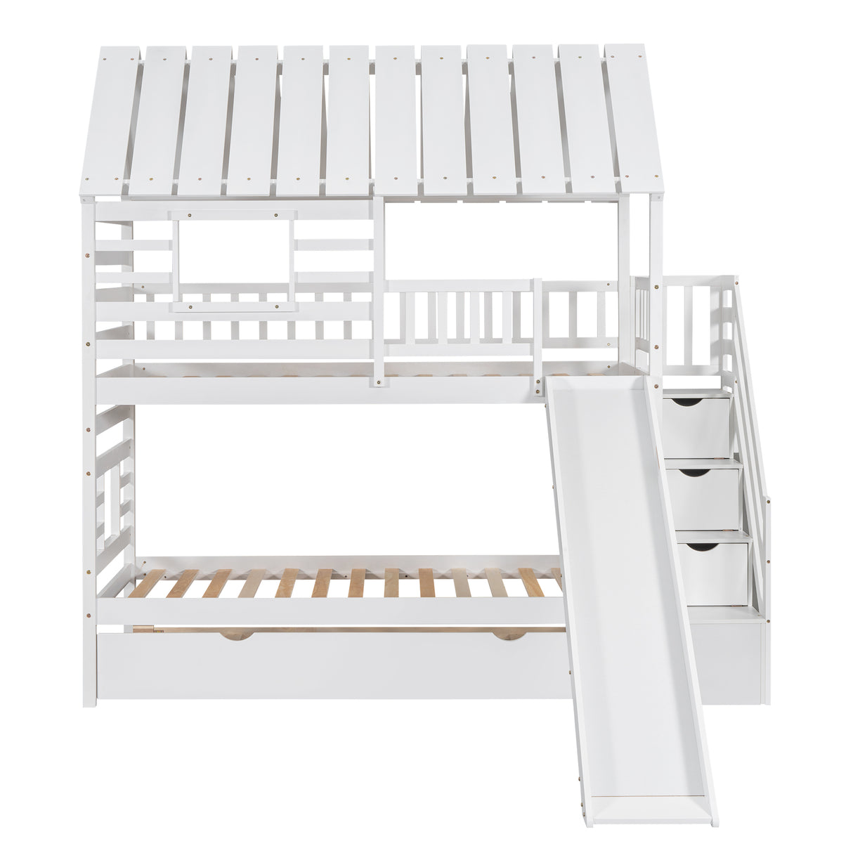 Twin over Twin House Bunk Bed with Trundle and Slide Storage Staircase Roof and Window Design White