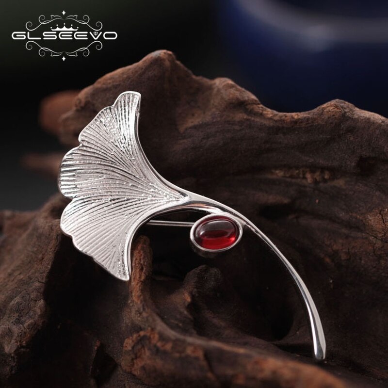 GLSEEVO Ginkgo Biloba Leaf Brooches For Women Wife 925 Sterling Silver Natural Garnet Luxury Brooch Luxury Fine Jewellery - V.I.P Digital Presence