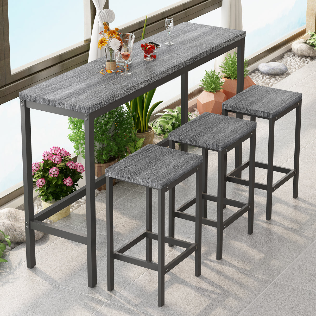Modern Design Kitchen Dining Table Pub Table Long Dining Table Set with 3 Stools Easy Assembly Gray - V.I.P Digital Presence