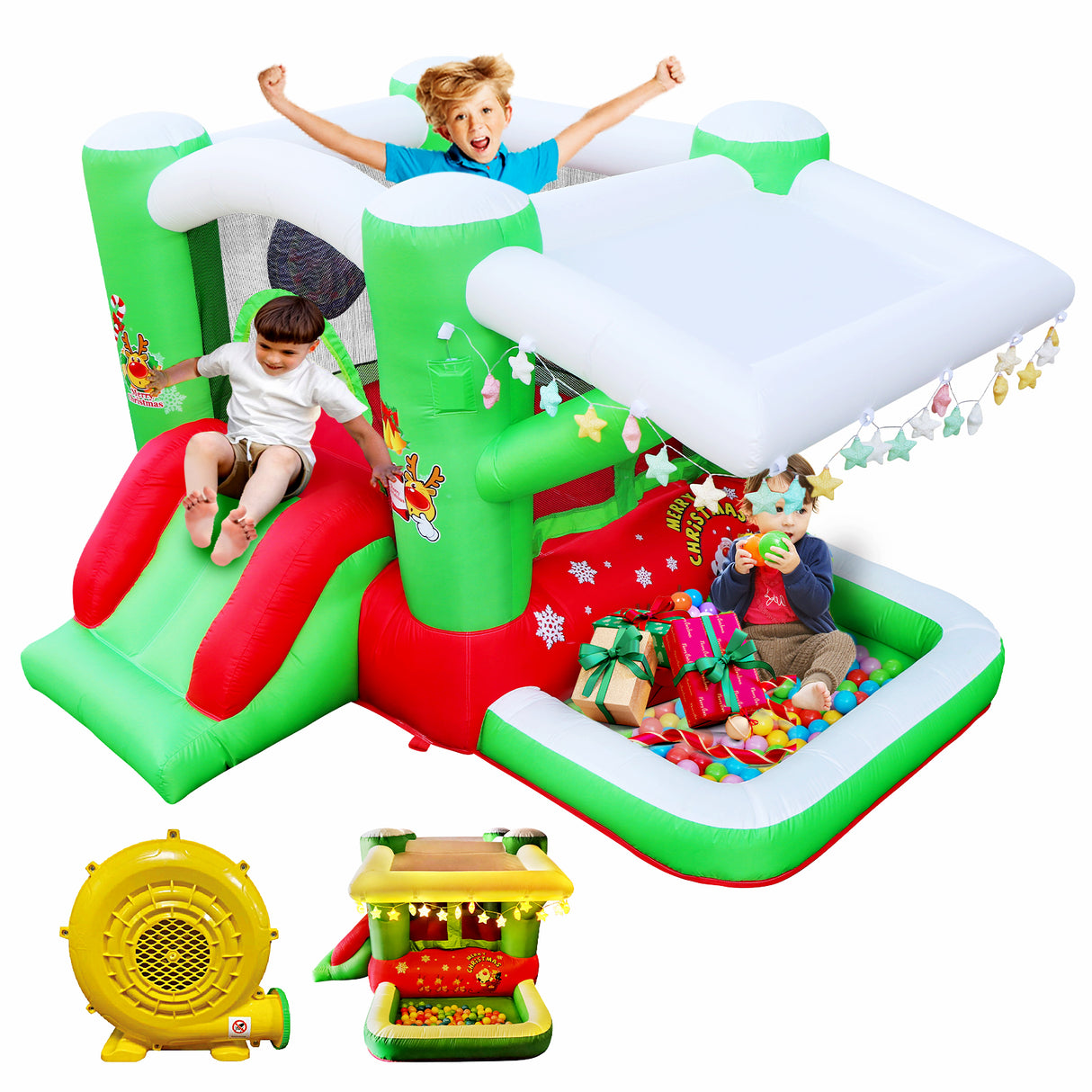Christmas Jump 'n Slide Inflatable Bouncer for Kids Complete Setup with Blower - 80" x 91" Play Area - 55" Tall - V.I.P Digital Presence