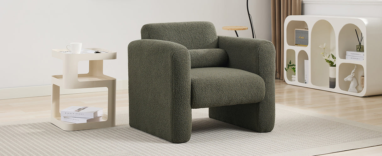 Modern style chair with sheepskin Sherpa fabric soft cushion, comfortable armchair, soft with backrest and pillow, seaweed green - V.I.P Digital Presence