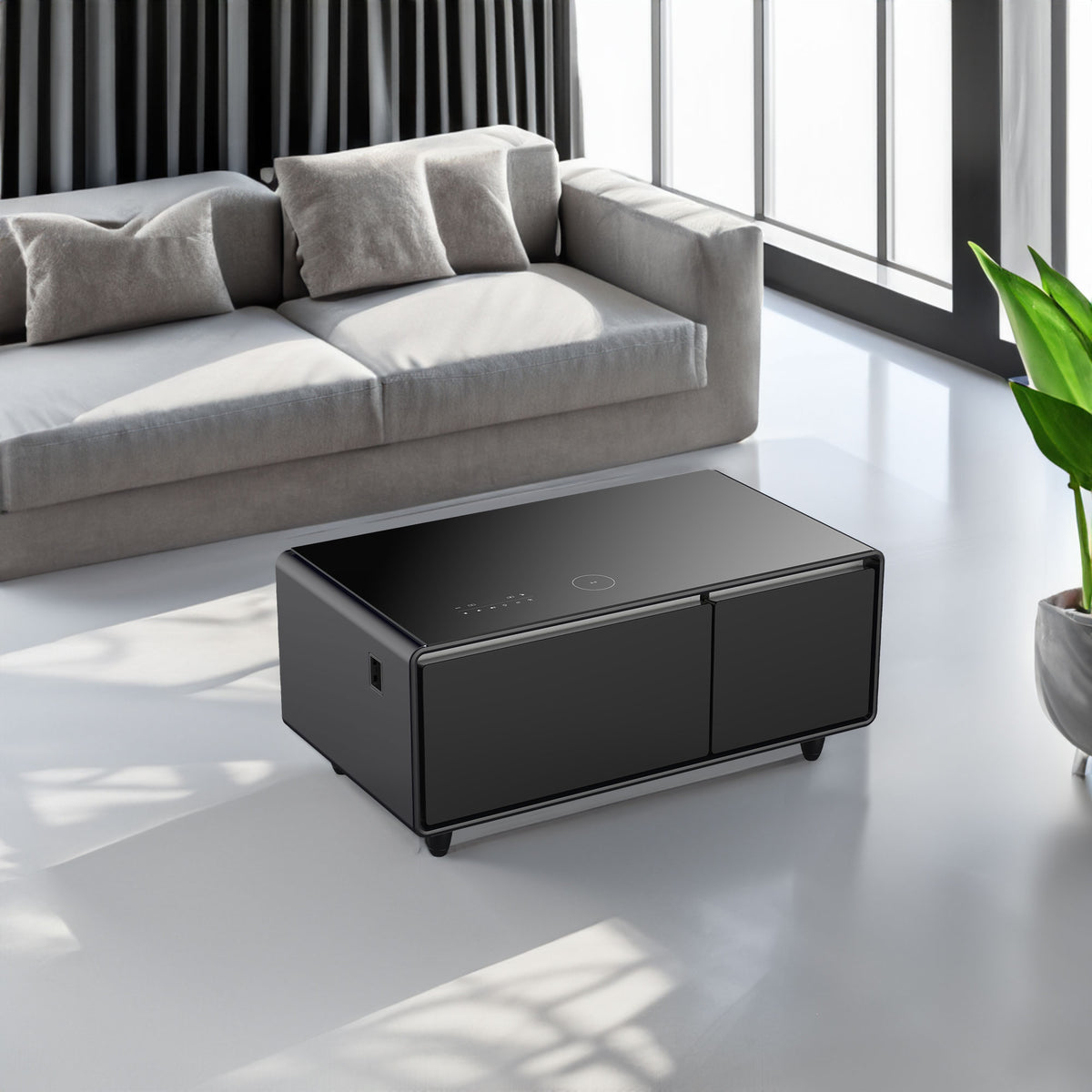 Modern Smart Coffee Table with Built-in Fridge, Bluetooth Speaker, Wireless Charging, Touch Control Panel, USB Interface Black - V.I.P Digital Presence