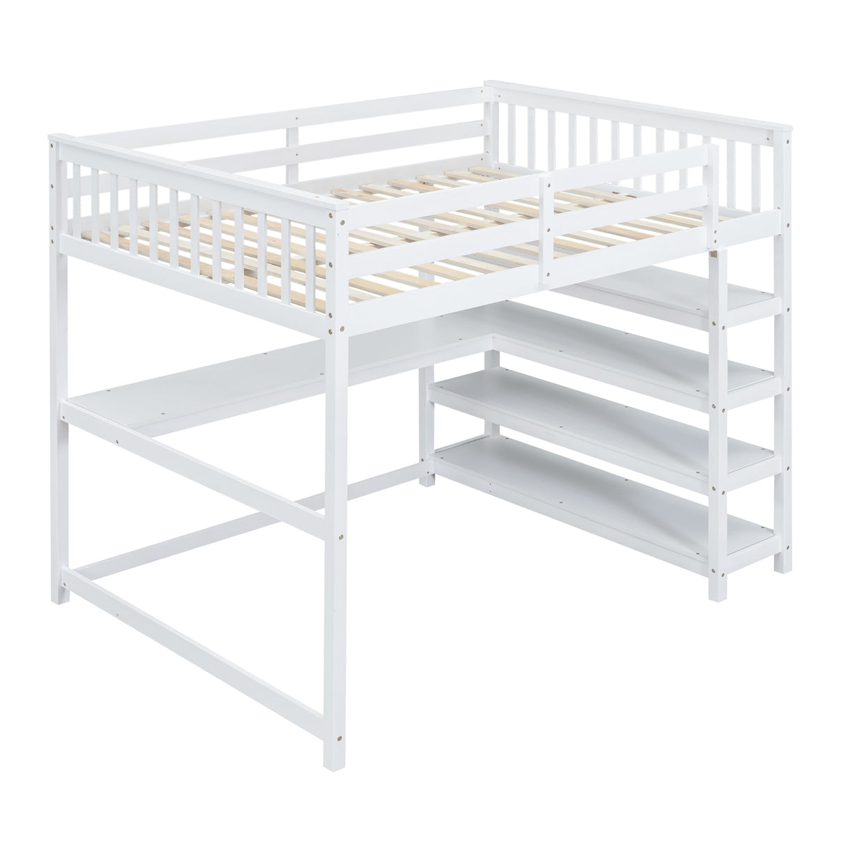 Full Size Loft Bed with Storage Shelves and Under-bed Desk White