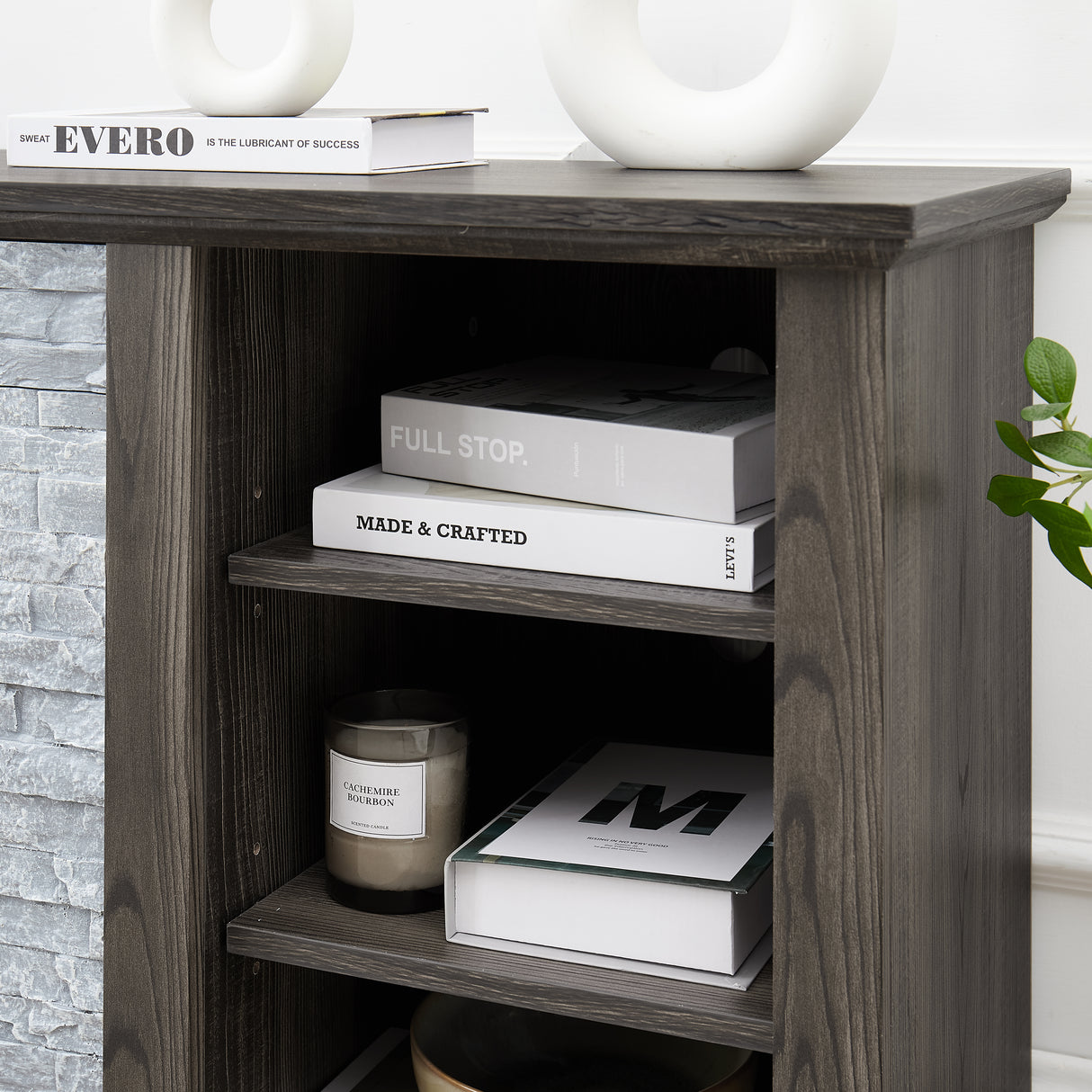 Mantel Stone modern entertainment console, manually stacked stone surrounds open storage space, gray - V.I.P Digital Presence