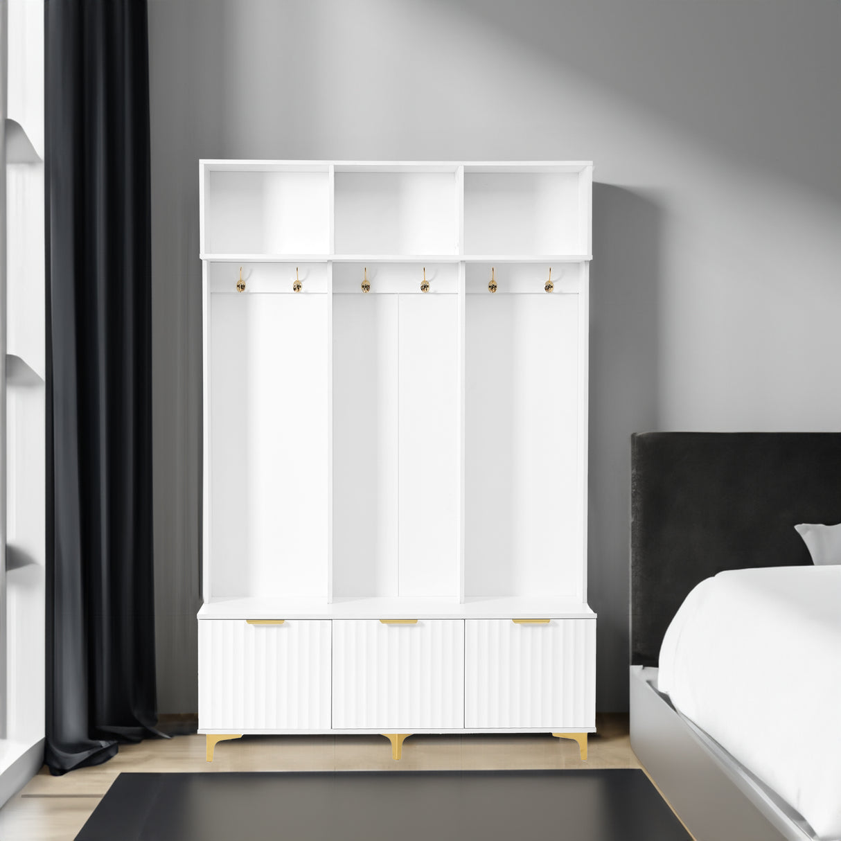 Large storage hall tree with bench, multifunctional storage platform, luxury clothes hanger equipped with 6 gold hooks - V.I.P Digital Presence