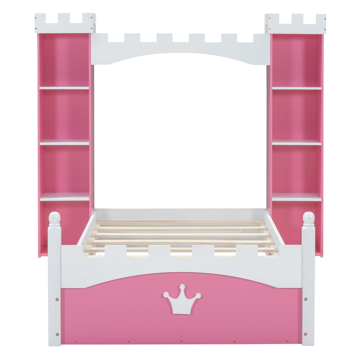 Castle-Shaped Wooden Bed with Storage Shelf, Dreamy Twin Size Platform Bed for Kids Bedroom, Pink+ White - V.I.P Digital Presence