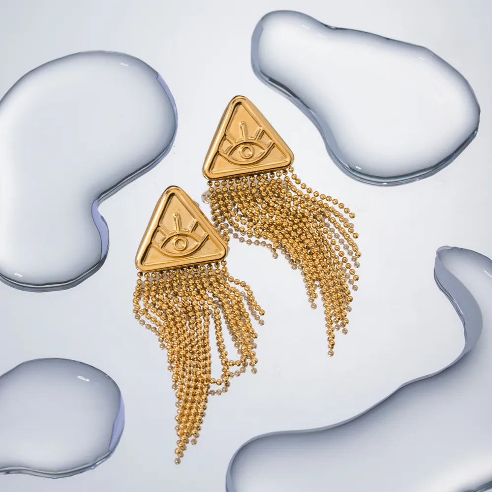 Triangular relief devil's eye design with tassel titanium steel earrings - V.I.P Digital Presence