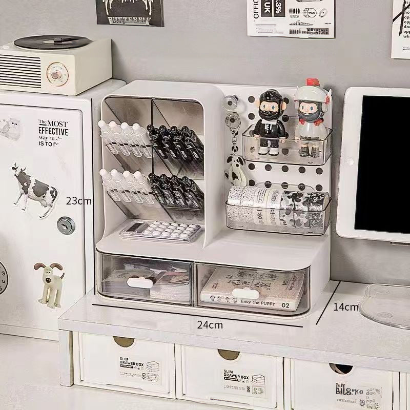 Adorable Desk Organizer with Hook Drawer, Hole Board, Card Display Stand, Desktop Storage Box, and Stationery Storage Rack - V.I.P Digital Presence