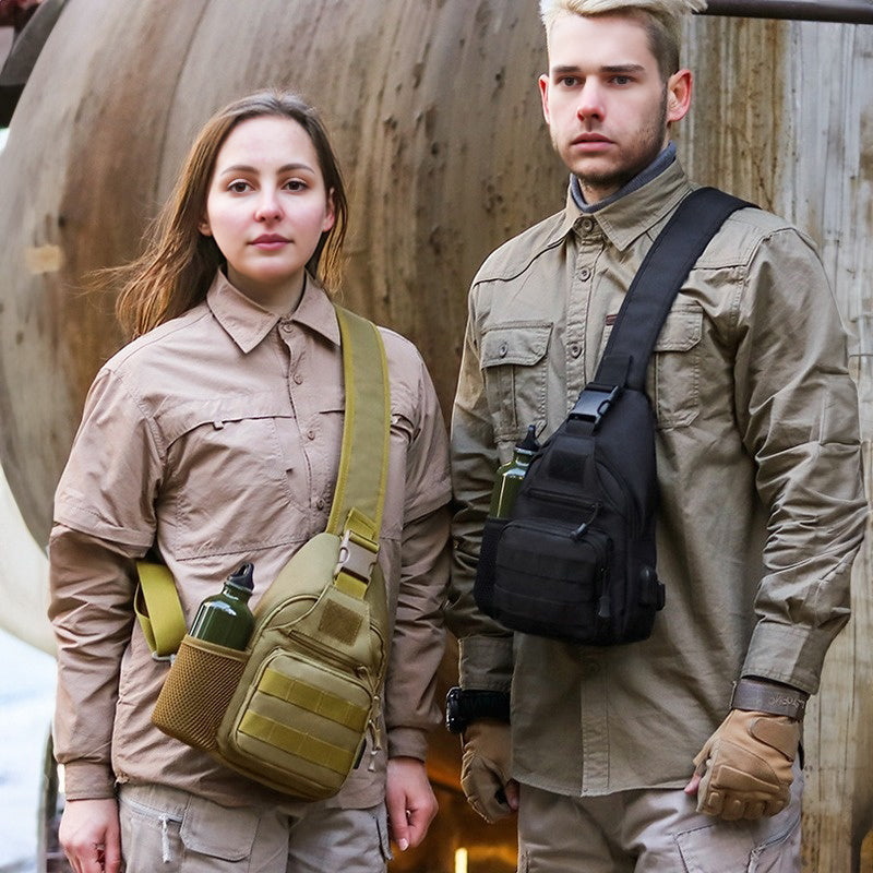 Tactical crossbody sling backpack. Has water bottle holder, MOLLE system, USB charging port. Ideal for travel and walks. Cp Camo - V.I.P Digital Presence