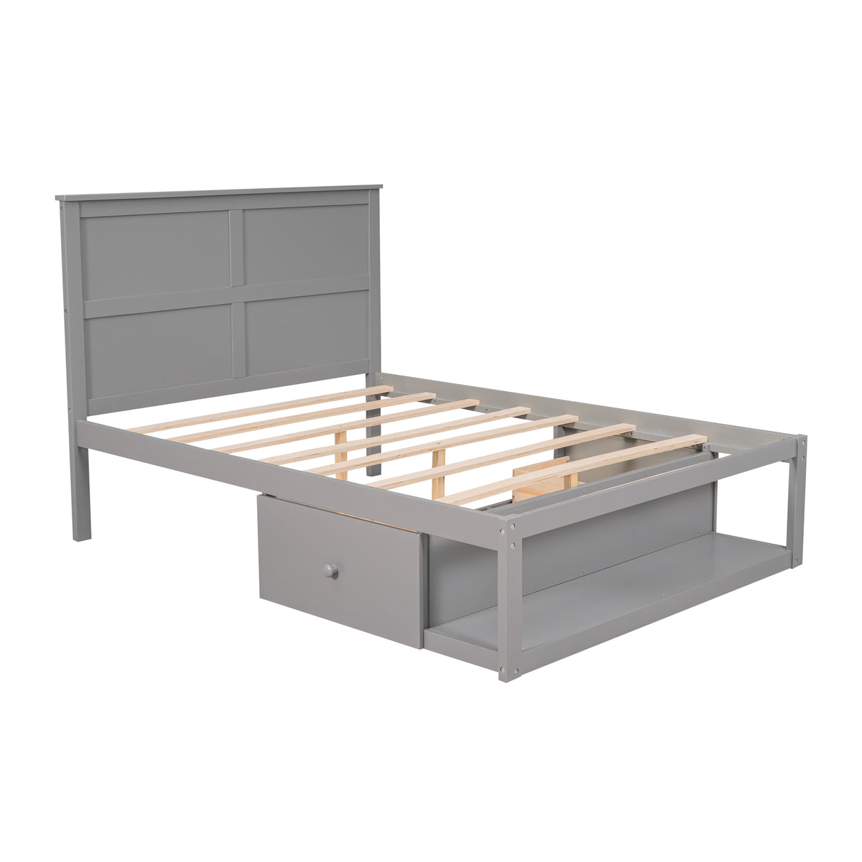 Full Size Platform Bed with Drawer on the Each Side and Shelf on the End of the Bed Gray