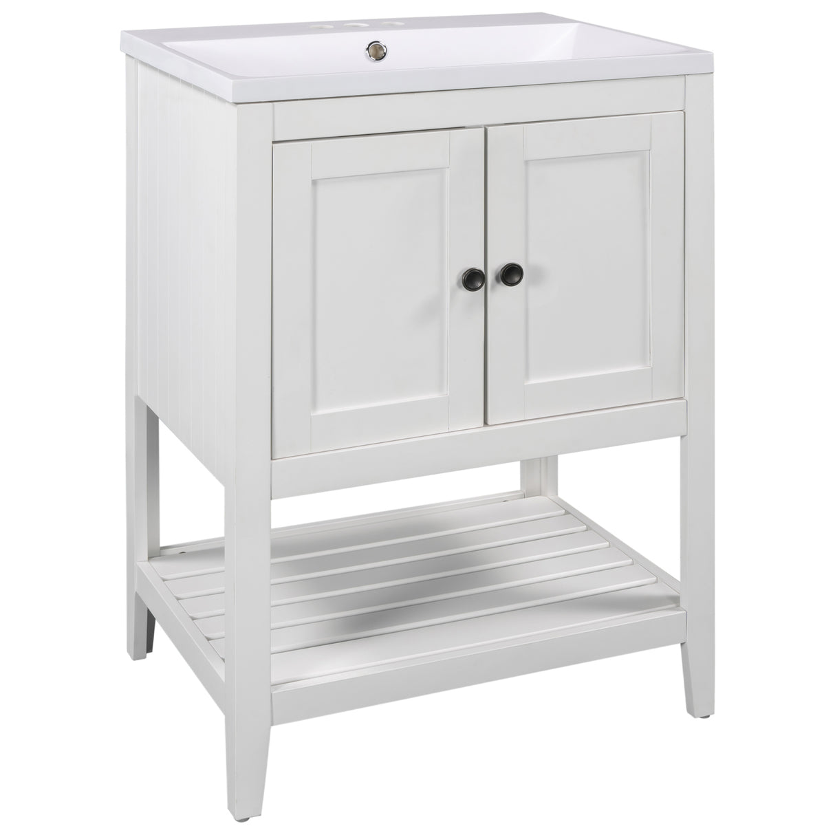 24" White Modern Sleek Bathroom Vanity Elegant Ceramic Sink with Solid Wood Frame Open Style Shelf - V.I.P Digital Presence