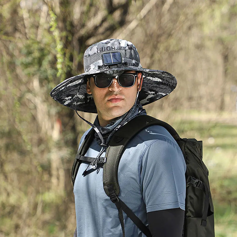 Solar fan hat: wide - brim bucket hat with 2 solar fans, men’s summer cap for outdoor fishing, camping, hiking. - V.I.P Digital Presence
