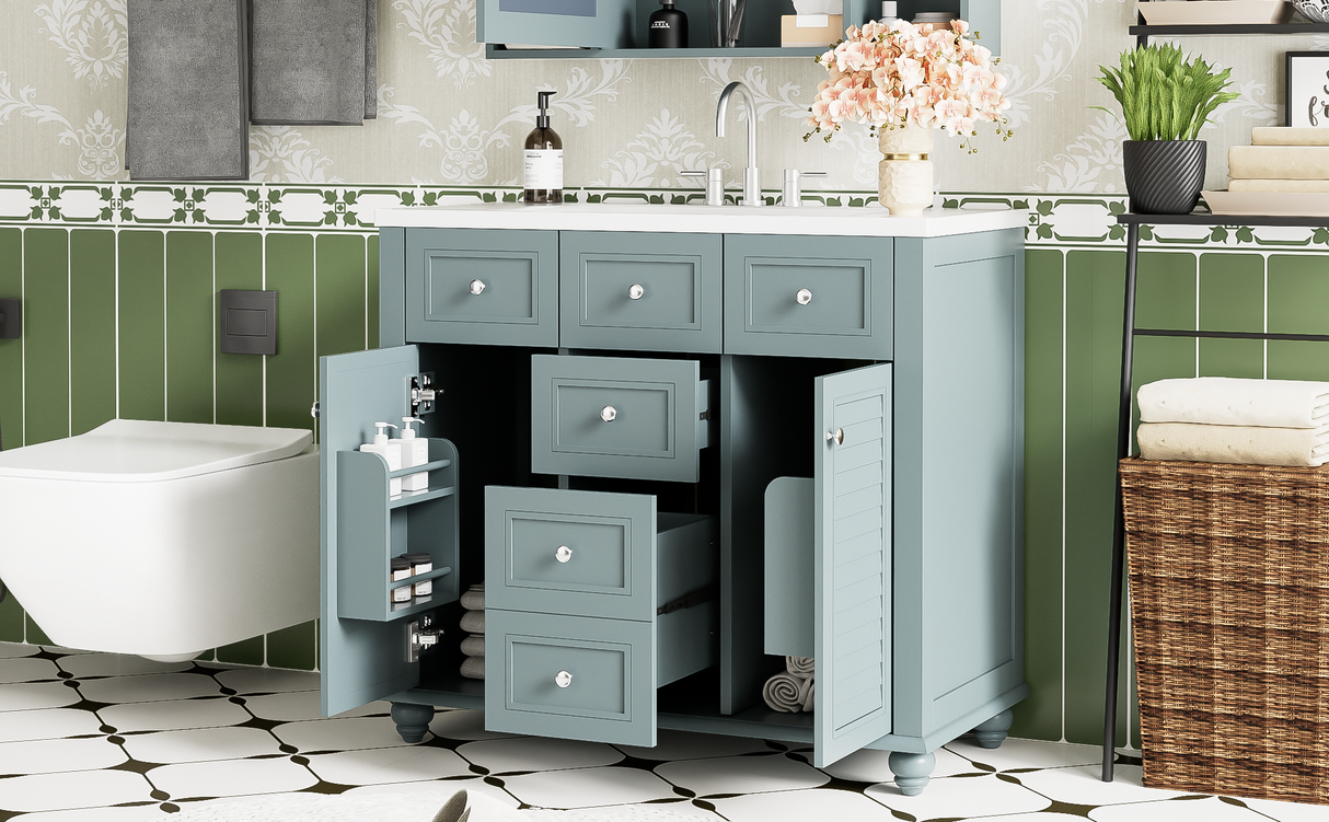 36 "bathroom makeup cabinet with resin sink combination and 2 drawers, with soft closing door, blue color - V.I.P Digital Presence