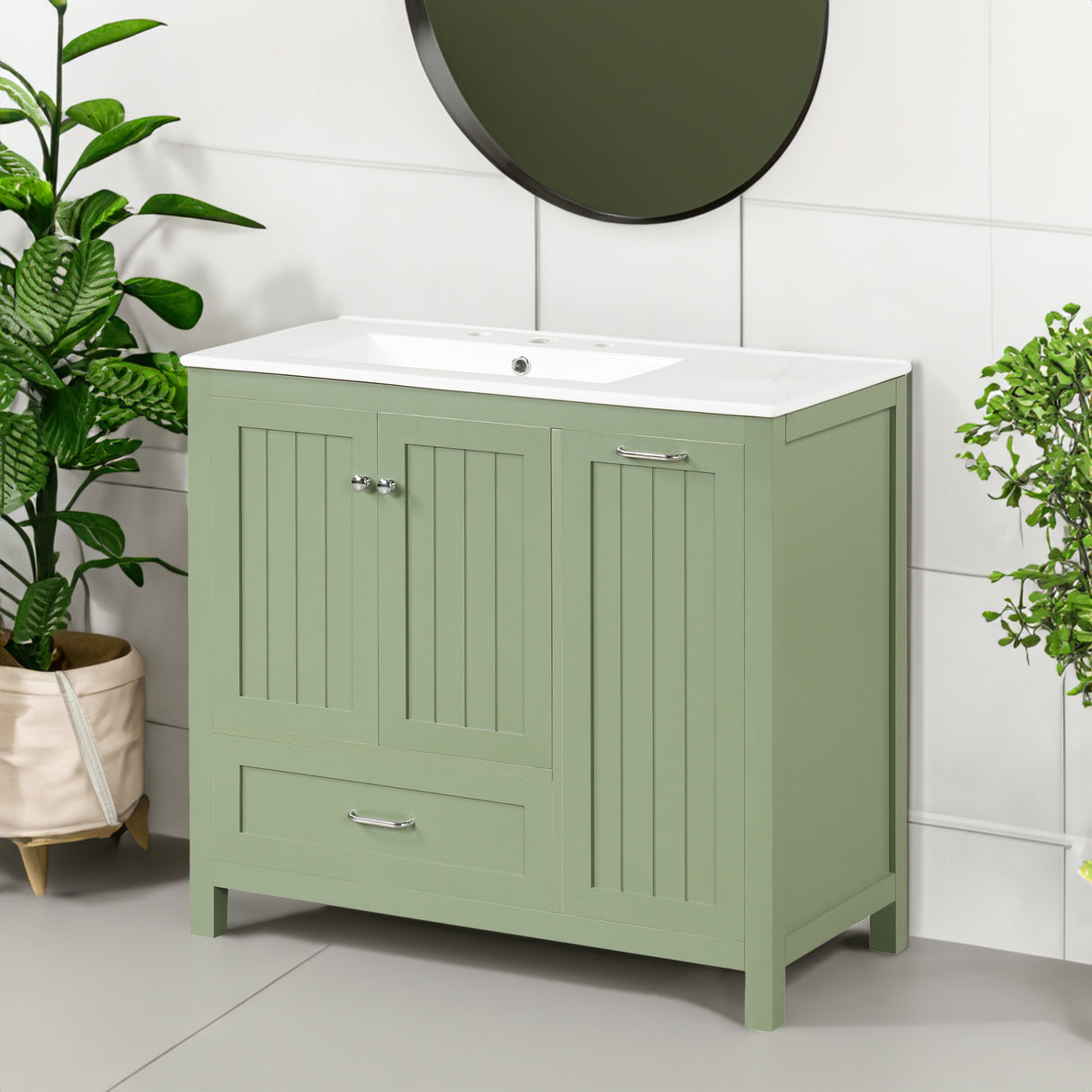 36 inch bathroom vanity with sink, one double door cabinet one large drawer and one flip drawer solid wood and MDF board, green - V.I.P Digital Presence