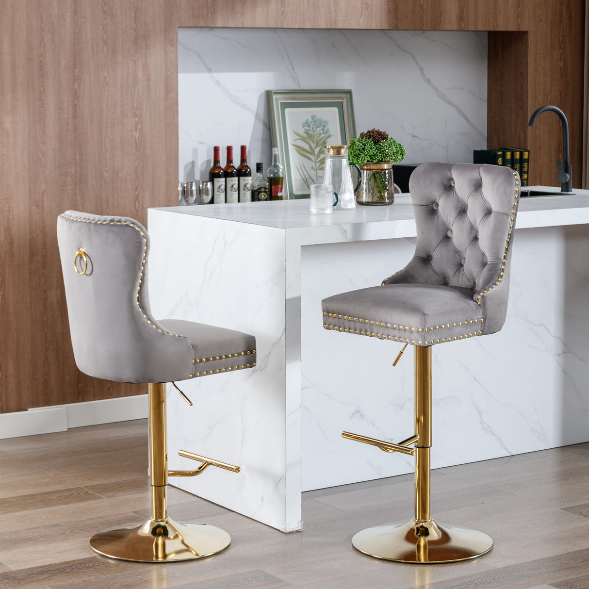 Thick gold rotating velvet bar stool with adjustable seat height of 25-33 inches and backrest (gray, set of 2 pieces)