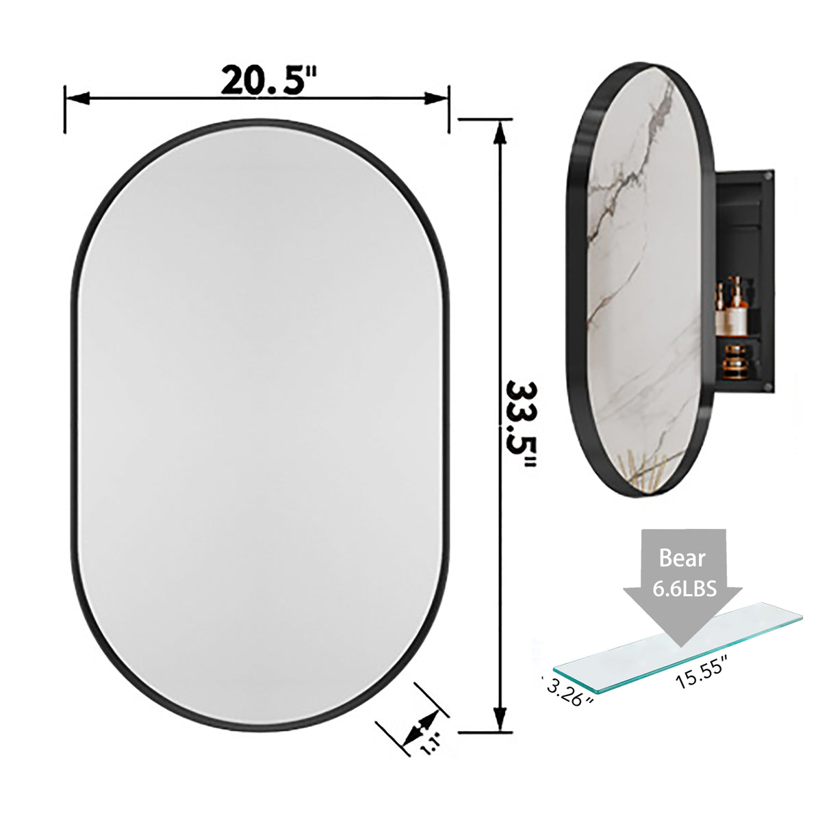 20x34 inch oval embedded medicine cabinet, metal frame bathroom cabinet with mirror and adjustable shelf matte black - V.I.P Digital Presence