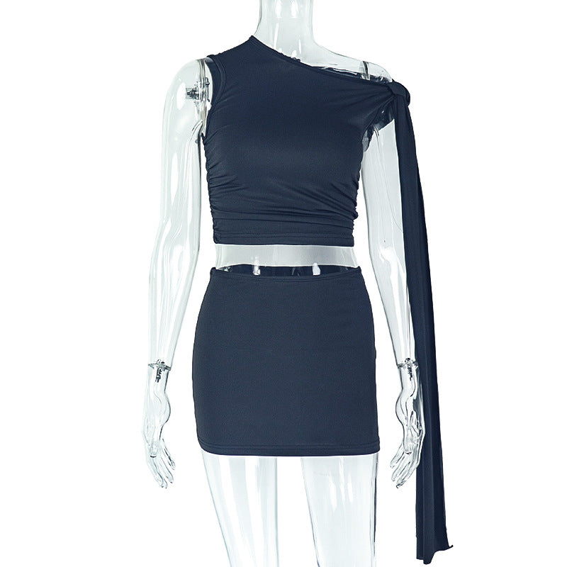 Strap Oblique Collar Asymmetric Dress Set Fitted Pencil Short Skirt Two-Piece Set Sexy Solid Color Women's Dress - V.I.P Digital Presence