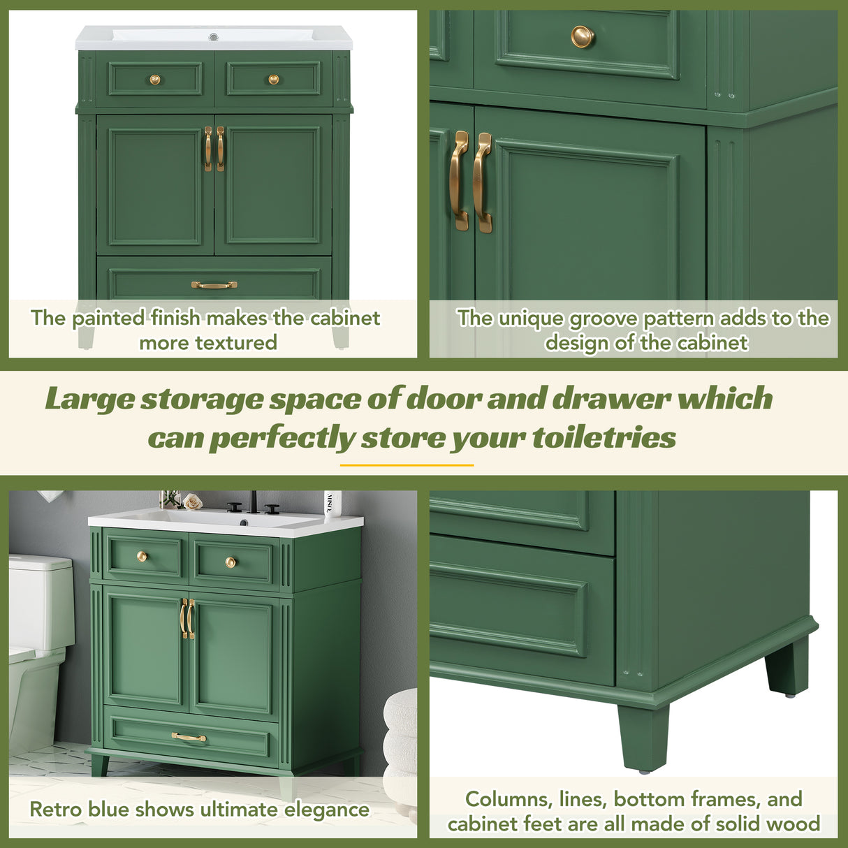 30 inch uncovered bathroom vanity with soft closed door, limited to solid wood frame bathroom storage cabinet green - V.I.P Digital Presence