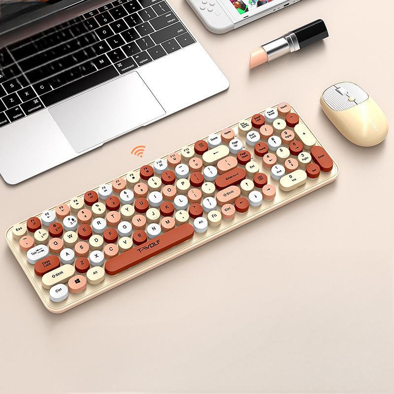 T-WOLF Thunder Wolf TF350 Wireless Keyboard and Mouse Set for Girls, Colorful Punk Retro Mouth Red Round Key Cap - V.I.P Digital Presence