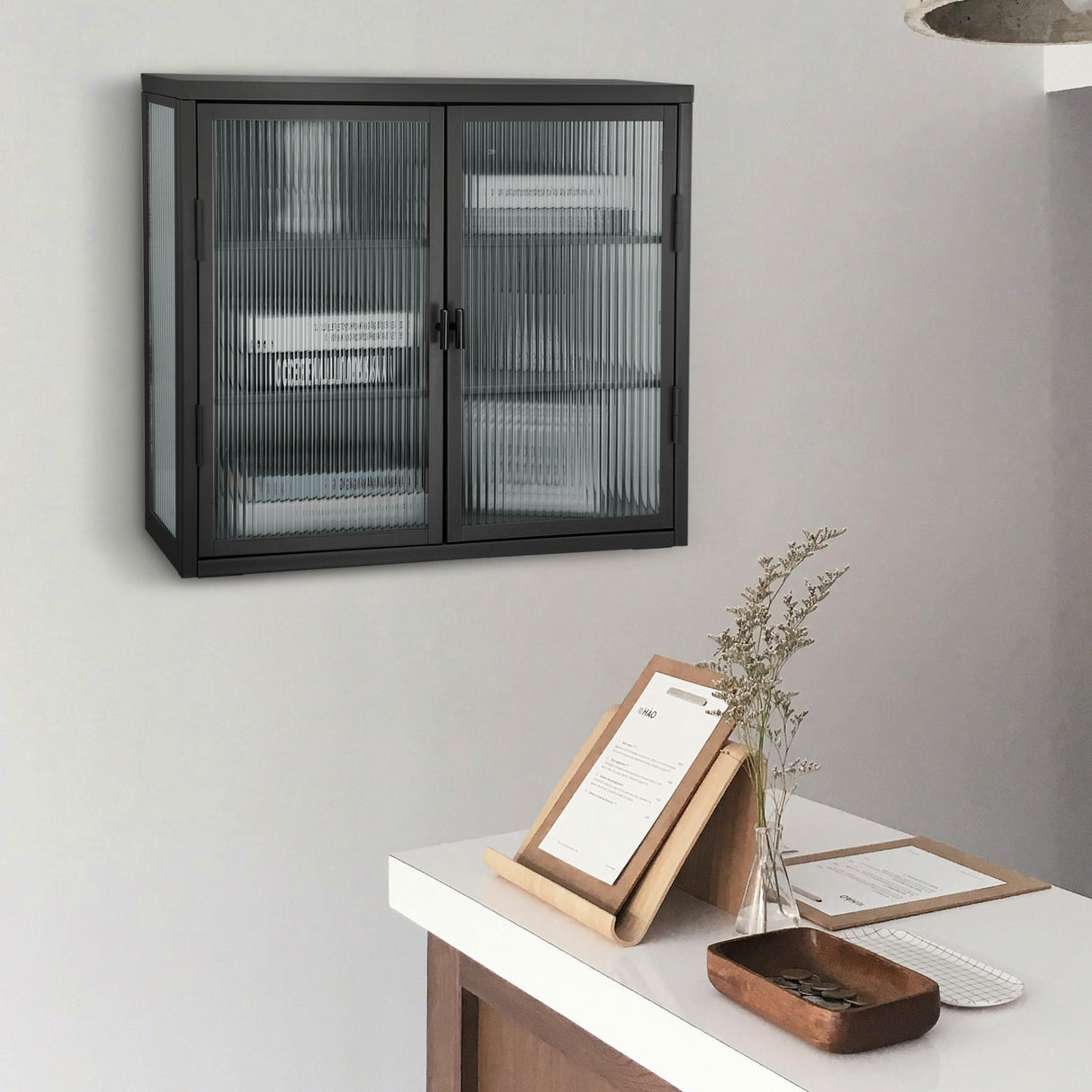 Retro Style Haze Double Glass Door Wall Cabinet With Detachable Shelves for Office Dining Room Living Room