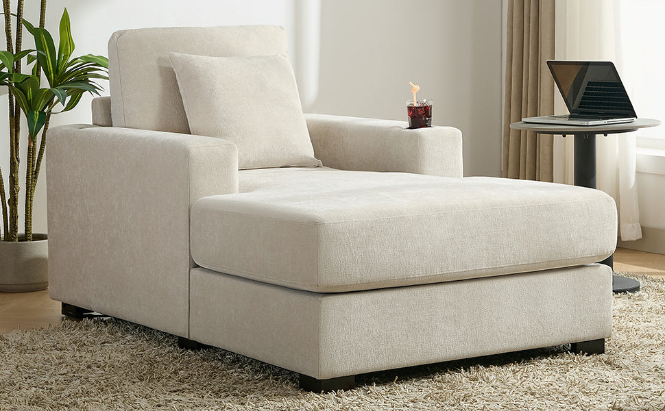 39.7" Oversized Chaise Lounger Modern Style Sofa Couch ,with Pillows, Charge Station & Cup Holders, Chenille Fabric, Cream - V.I.P Digital Presence