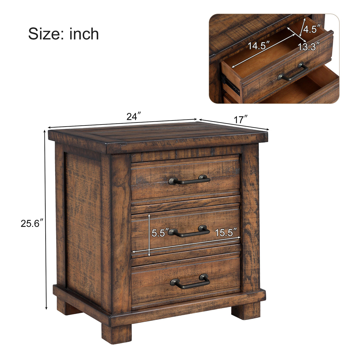 Rustic Three Drawer Reclaimed Solid Wood Framhouse Nightstand - V.I.P Digital Presence