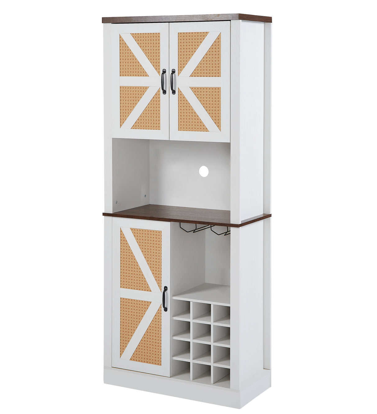 76 Inch Tall Farmhouse Kitchen Faux Rattan Wine Cabinet, Kitchen Bar Cabinet with Square Compartments and Shelves - V.I.P Digital Presence