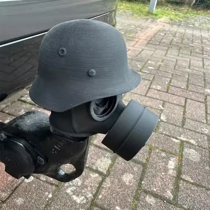 3D - printed trailer hitch cover with steel helmet and gas mask design. Protects the receiver tube from rusting. - V.I.P Digital Presence