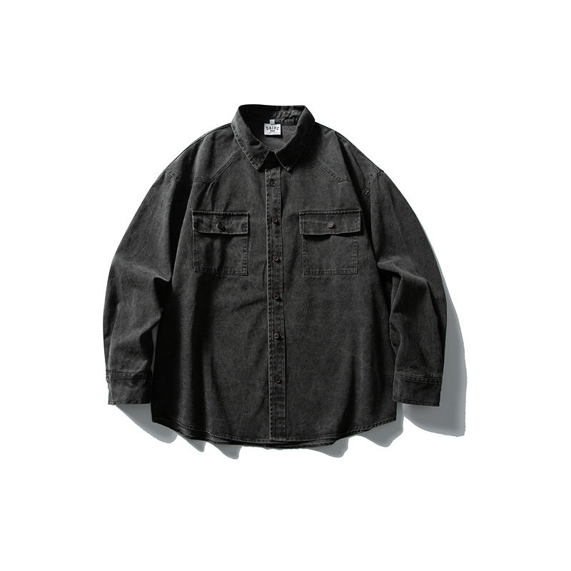 Used washed casual loose long sleeved shirt jacket men's workwear shirt - V.I.P Digital Presence